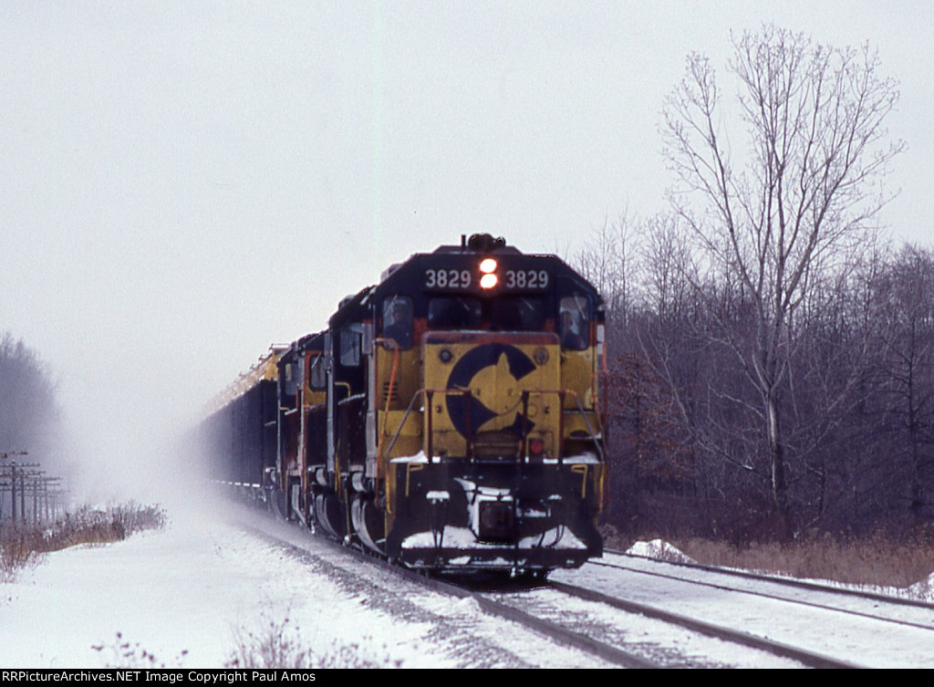 BO 3829 with a Unit Grain train made up of 100 Ton 3 bay hoppers with "Hopper Toppers'